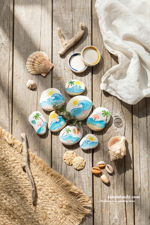 summer beach rock painting ideas colorful coastal stones with waves palm trees and seaside designs