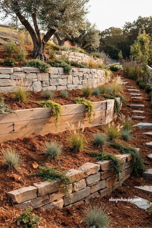 terraced sloped backyard with mulch beds and retaining wall landscape design