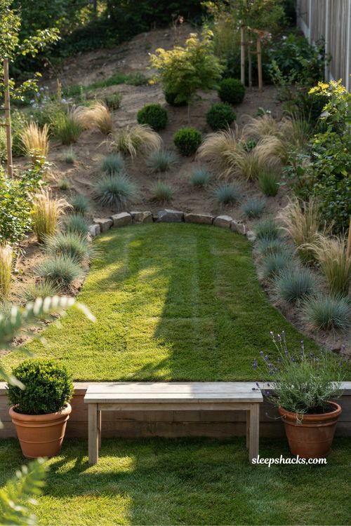tiny flat lawn on sloped backyard ideas with small bench seating garden nook design