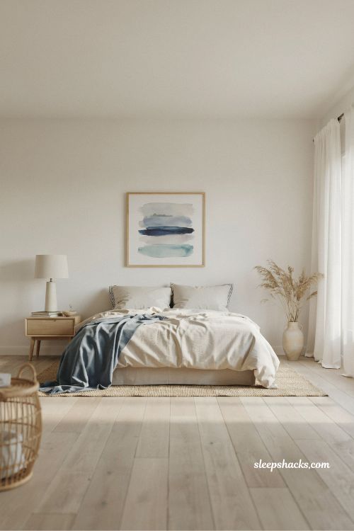touches of blue coastal bedroom ideas with neutral base and soft navy and dusty ocean accents