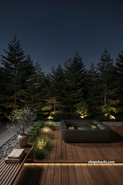uplighting hot tub garden ideas for a dramatic luxury nighttime spa glow
