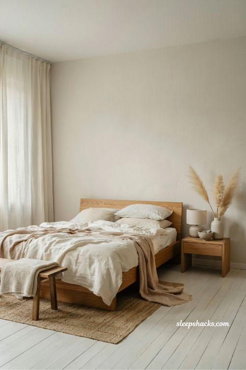 wooden bed frame coastal bedroom ideas in warm walnut or whitewashed natural oak style
