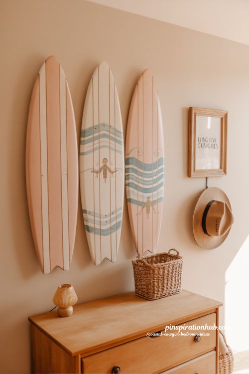 wooden surfboard wall decor coastal cowgirl bedroom with pink striped surfboards boho western dresser styling