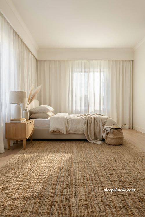 woven jute rug coastal bedroom ideas for natural texture and warm neutral layered interiors