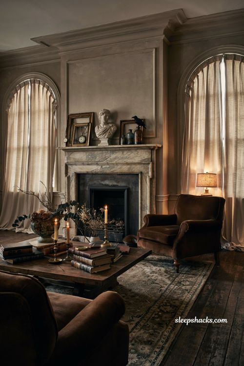 Abandoned mansion halloween living room decor with dim candlelit vintage styling