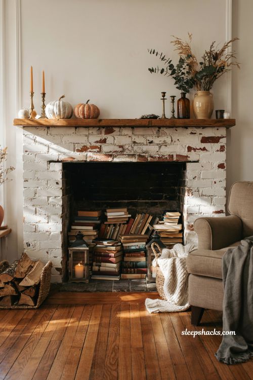Autumn fireplace decor with a cozy book nook inside an empty fireplace