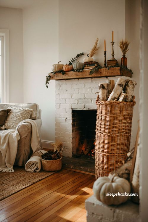 Autumn fireplace decor with a woven log basket and cozy hearth styling