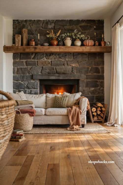 Autumn fireplace decor with layered wood wool and copper textures