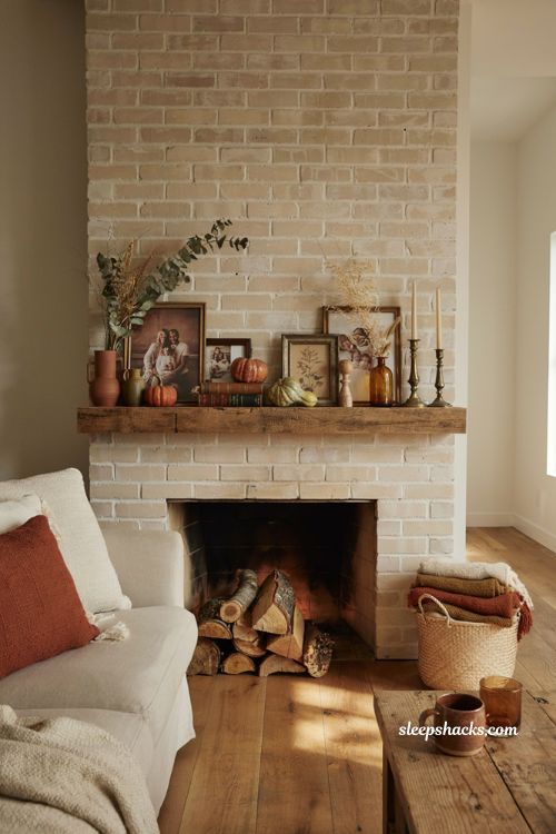Autumn fireplace decor with personal touches and cozy farmhouse mantel styling