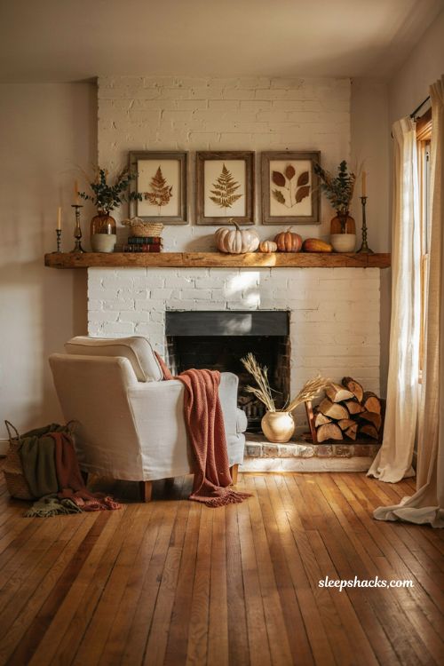 Autumn fireplace decor with seasonal botanical artwork above the mantel