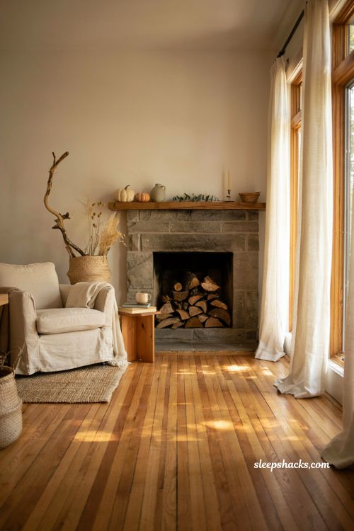 Autumn fireplace decor with stacked logs and rustic Scandinavian style