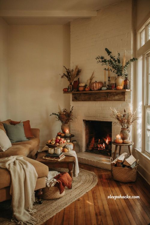 Autumn fireplace decor with styled coffee table and cozy fall accents