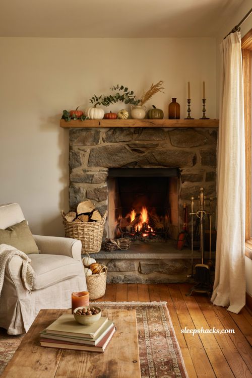 Autumn fireplace decor with vintage brass fireside tools and a cozy hearth