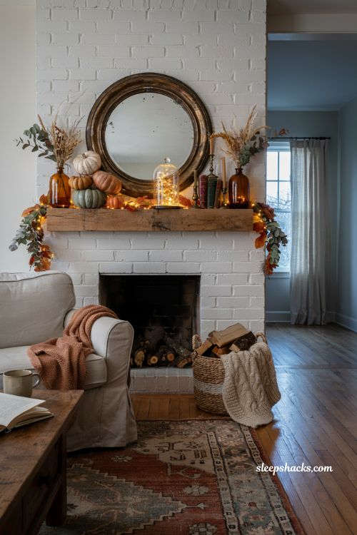 Autumn fireplace decor with warm fairy lights woven through a fall mantel garland