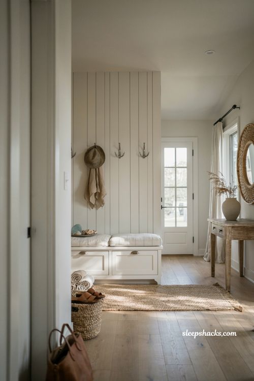 Beach house entryway ideas with built in storage bench and white shiplap walls