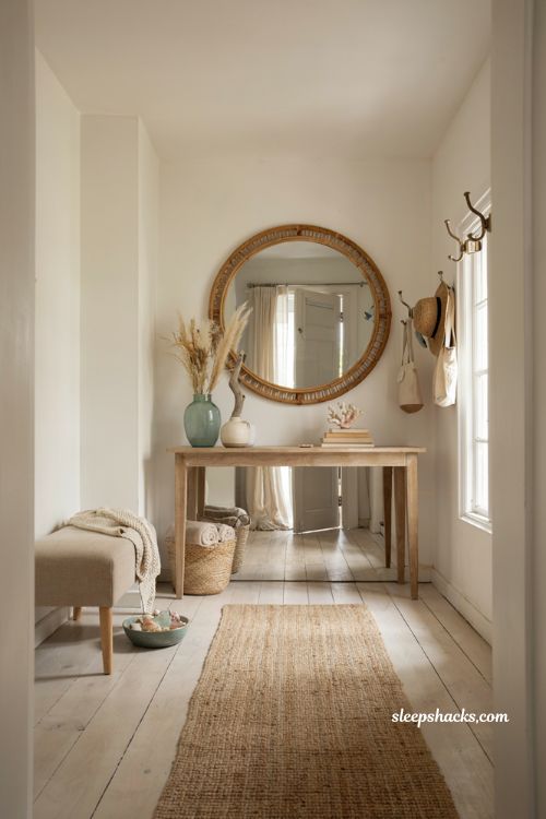 Beach house entryway ideas with driftwood console table and round rattan mirror