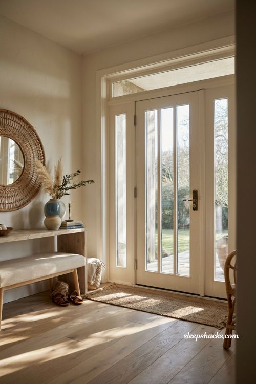 Beach house entryway ideas with glass front door and bright coastal foyer