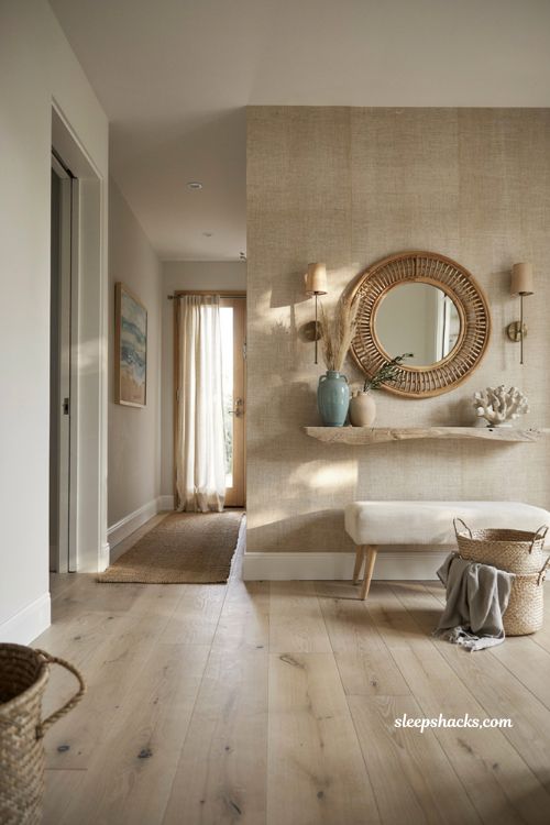 Beach house entryway ideas with grasscloth wallpaper and warm coastal textures