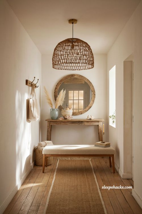 Beach house entryway ideas with woven rattan pendant light and warm brass accents