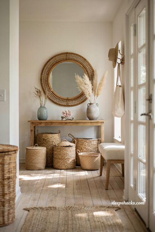 Beach house entryway ideas with woven seagrass baskets and coastal storage decor