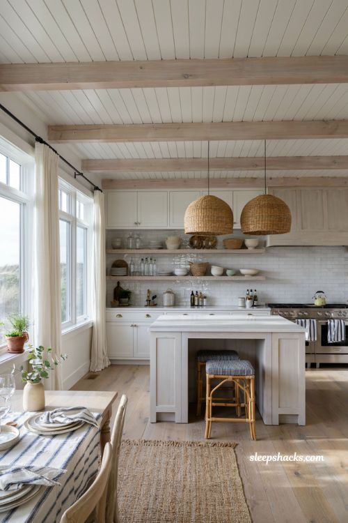 Beachy kitchen decor ideas with blue and white striped textiles and coastal accents