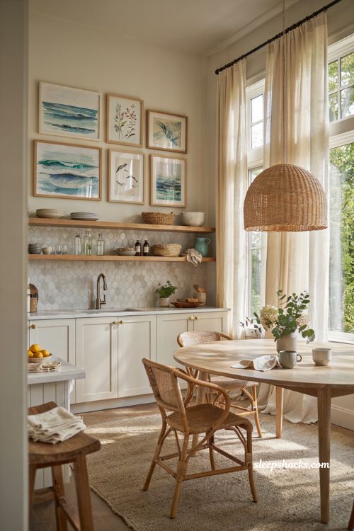 Beachy kitchen decor ideas with coastal wall art and ocean inspired gallery prints