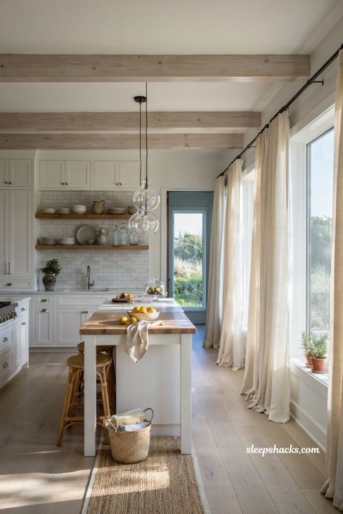 Beachy kitchen decor ideas with light wood accents and white coastal cabinets