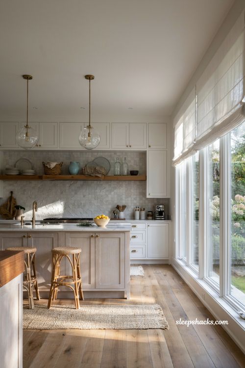 Beachy kitchen decor ideas with linen roman shades and bright coastal windows
