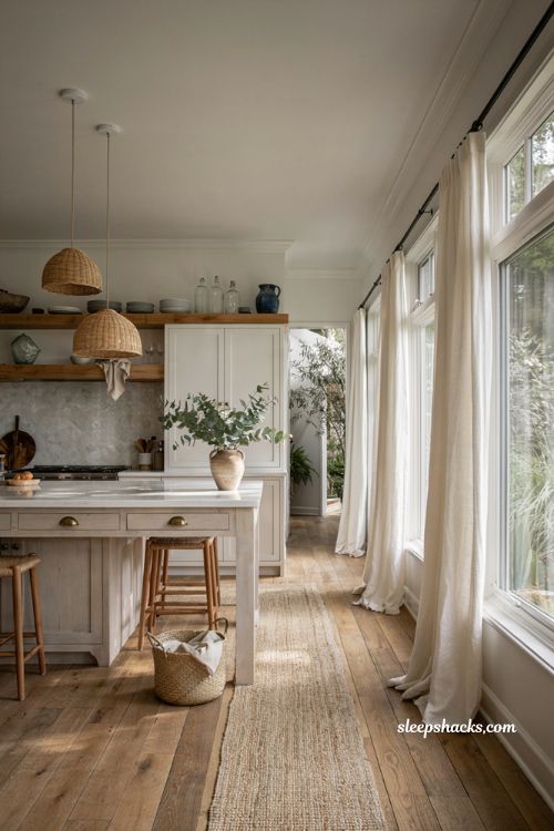 Beachy kitchen decor ideas with soft layered coastal color palette and natural textures