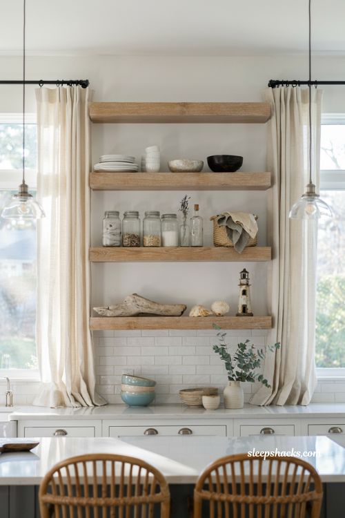 Beachy kitchen decor ideas with styled open shelves and curated coastal accents