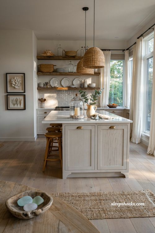 Beachy kitchen decor ideas with styled shells coral and natural coastal accents