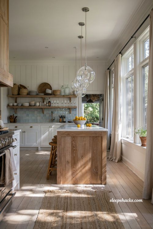 Beachy kitchen decor ideas with white shaker cabinets and driftwood coastal accents