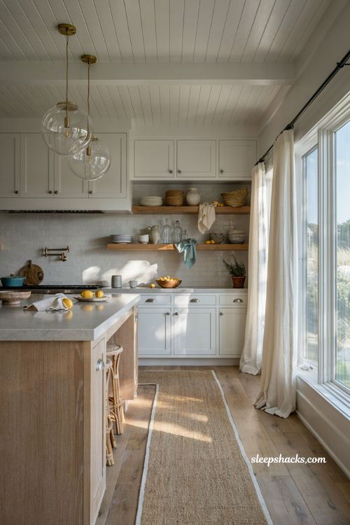 Beachy kitchen decor ideas with white shaker cabinets and warm coastal accents
