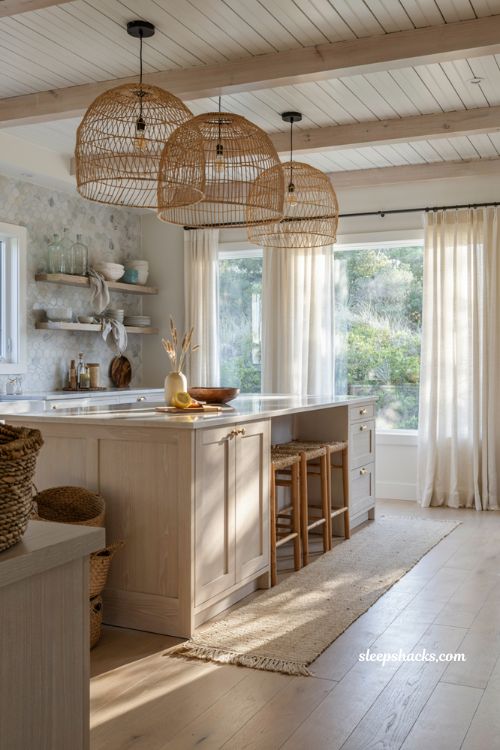 Beachy kitchen decor ideas with woven rattan pendant lights over a coastal island