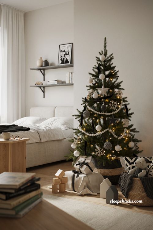 Black and white superhero Christmas tree for boys room with modern monochrome holiday decor