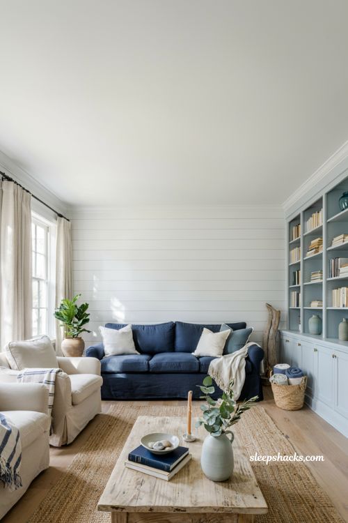 Blue and white coastal living room with layered navy accents and timeless seaside decor