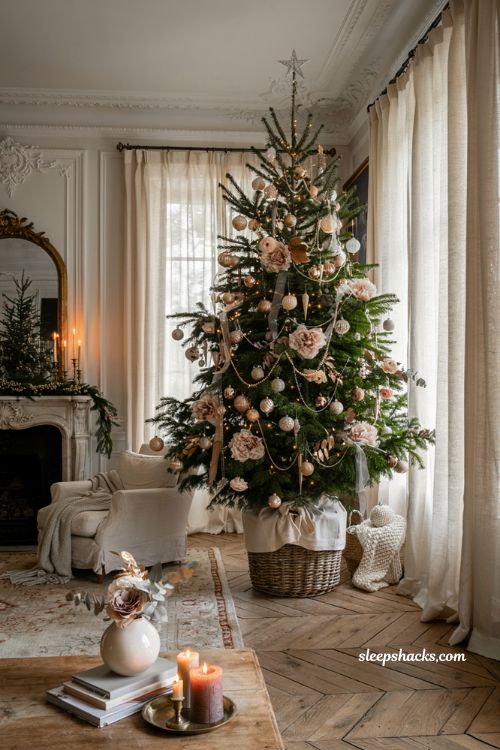 Blush and champagne Parisian Christmas tree with romantic French holiday decor ideas