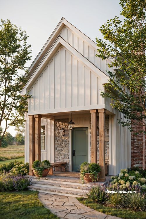 Board and batten farmhouse exterior ideas with modern country charm