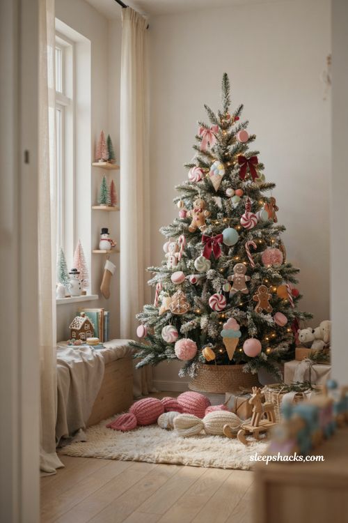 Candy themed Christmas tree ideas for kids with flocked tree gingerbread ornaments and pastel holiday decor