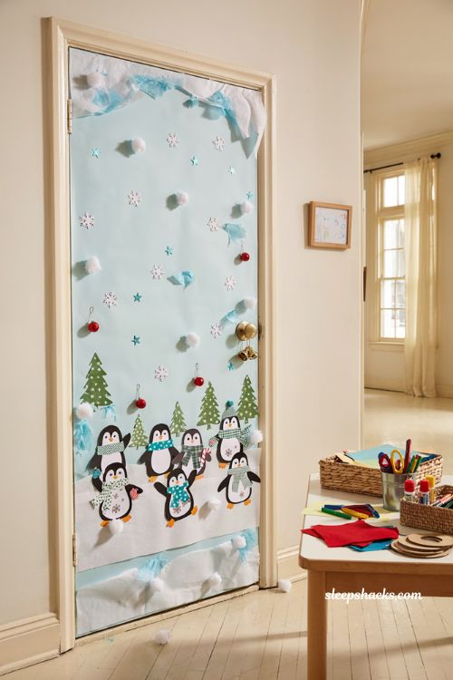 Christmas classroom door decorations with cute penguin winter party display