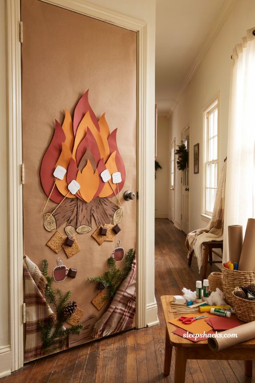 Christmas classroom door decorations with diy smores campfire holiday scene