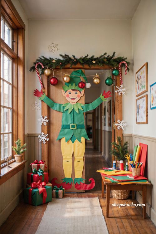 Christmas classroom door decorations with giant elf character holiday display