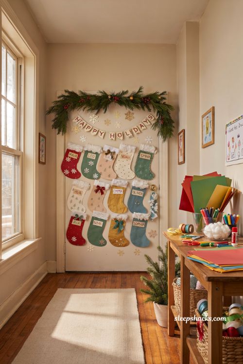 Christmas classroom door decorations with personalized paper stocking name tags