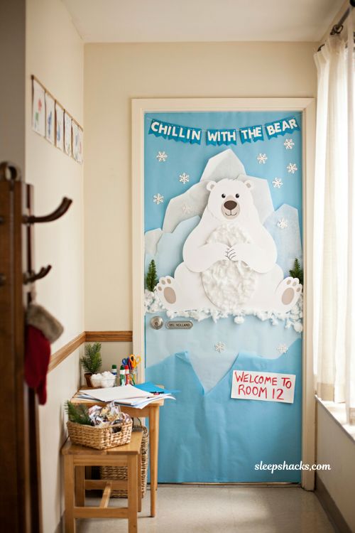Christmas classroom door decorations with polar bear winter scene and iceberg display