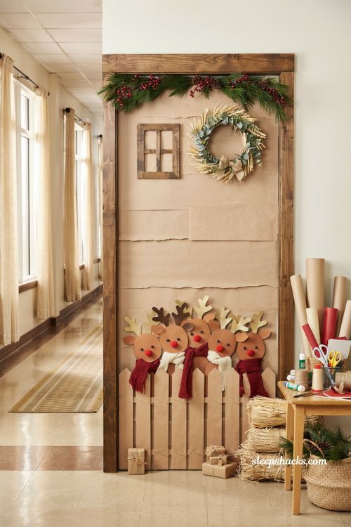 Christmas classroom door decorations with rustic reindeer barn theme and paper animals
