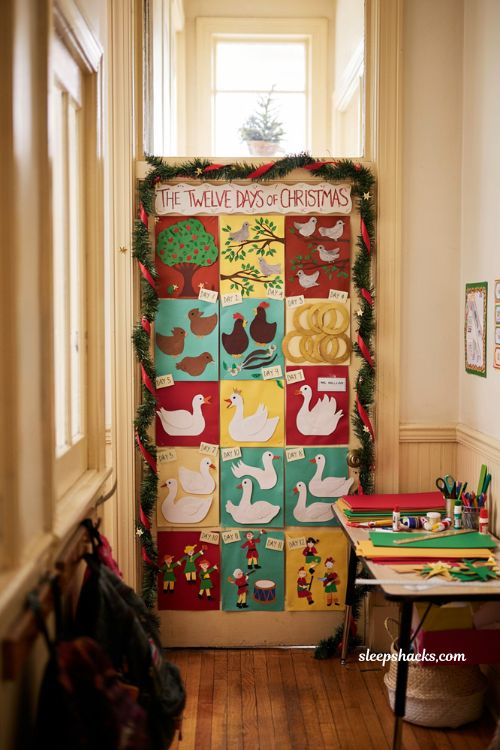 Christmas classroom door decorations with twelve days of christmas countdown display
