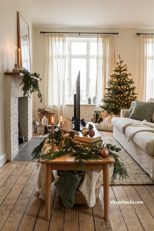 Christmas decor ideas for a living room tv stand with cozy modern farmhouse styling