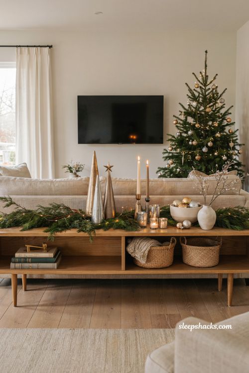 Christmas decor ideas for a living room tv stand with elegant gold and silver metallic accents
