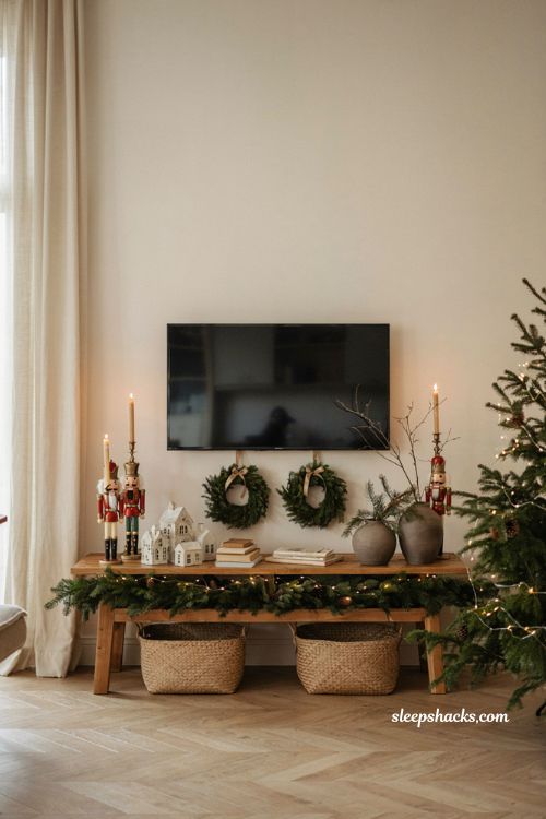 Christmas decor ideas for a living room tv stand with elegant symmetrical holiday styling