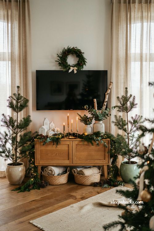 Christmas decor ideas for a living room tv stand with fresh greenery and natural holiday styling